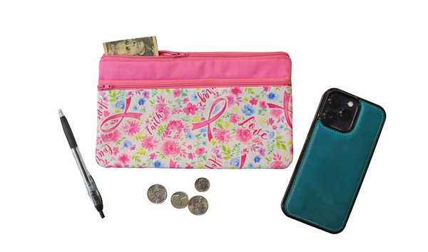 Pink Ribbon Double Zipper Pouch