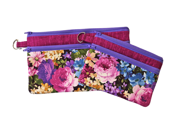 Purple Floral Double Zipper Pouch: Small or Large Bag