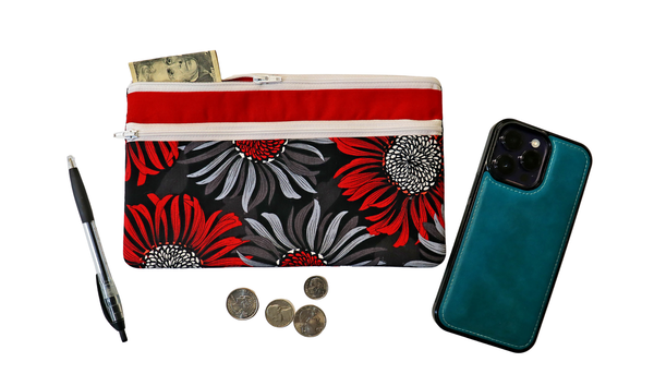 Red and Black Daisy Double Zipper Pouch