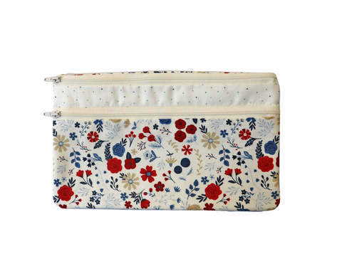 Red White and Blue Floral Double Zipper Pouch