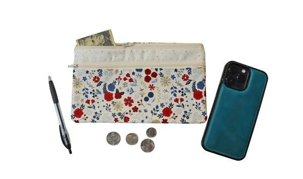 Red White and Blue Floral Double Zipper Pouch