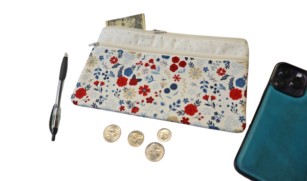 Red White and Blue Floral Double Zipper Pouch