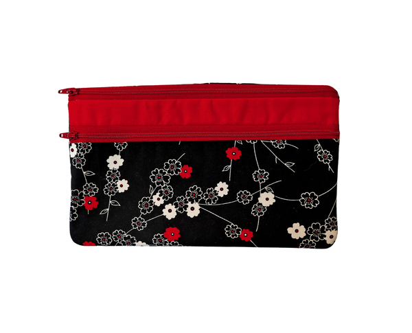 Red and Black Floral Double Zipper Pouch