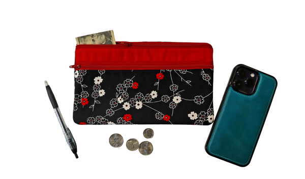 Red and Black Floral Double Zipper Pouch