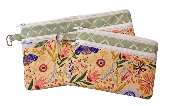 Yellow and Green Floral Double Zipper Pouch: Small or Large Bag
