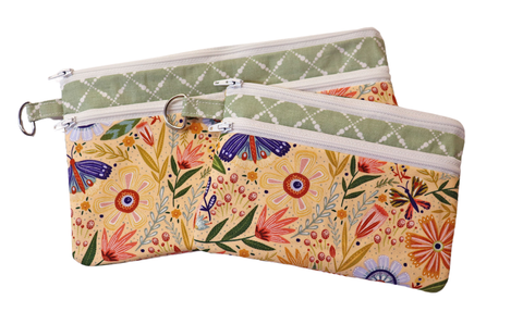 Yellow and Green Floral Double Zipper Pouch: Small or Large Bag
