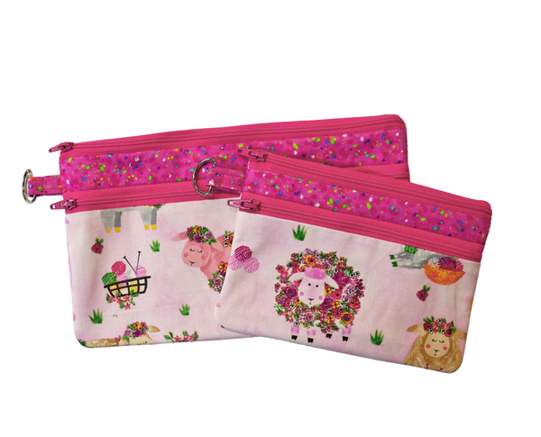 Knitting Sheep Double Zipper Pouch: Small or Large Bag