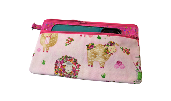 Knitting Sheep Double Zipper Pouch: Small or Large Bag