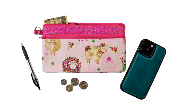 Knitting Sheep Double Zipper Pouch: Small or Large Bag