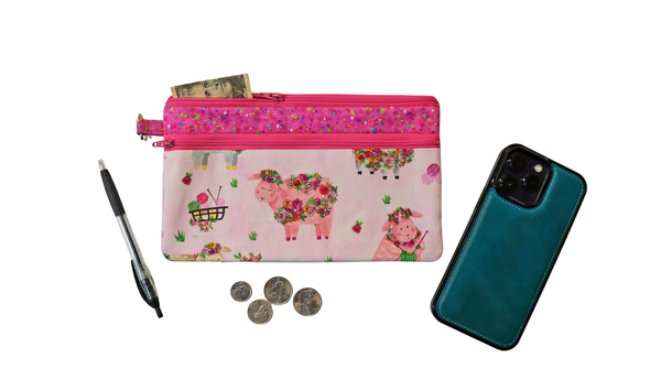 Knitting Sheep Double Zipper Pouch: Small or Large Bag