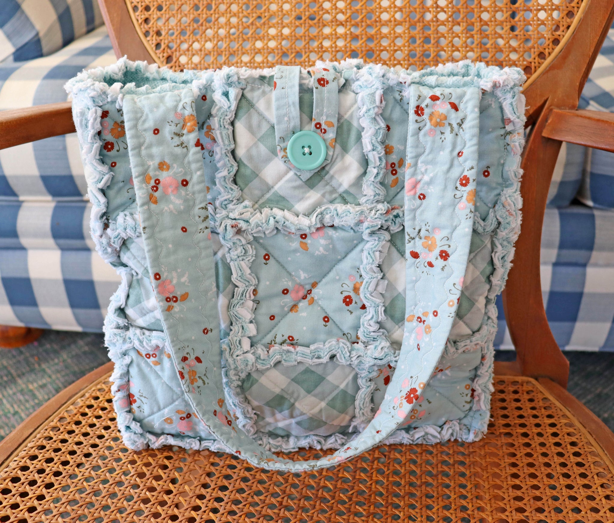 LIght Teal Floral and Check Rag Quilt Tote