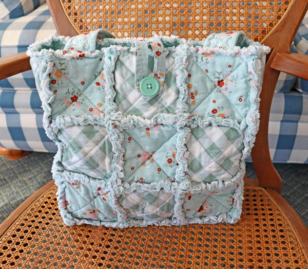 LIght Teal Floral and Check Rag Quilt Tote