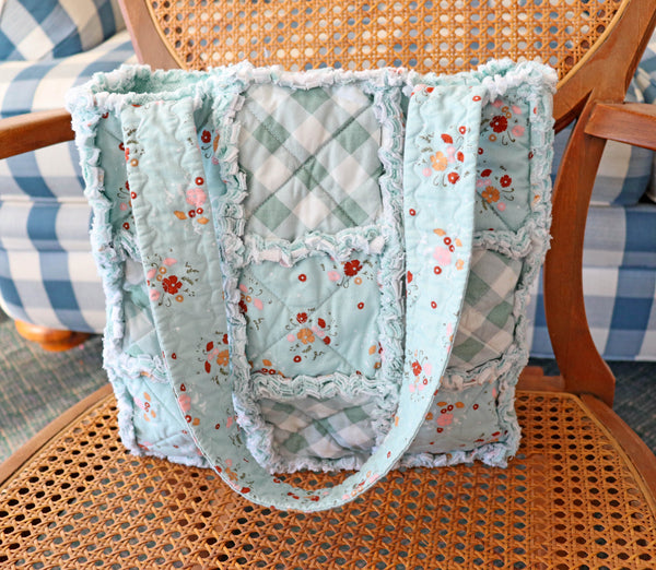 LIght Teal Floral and Check Rag Quilt Tote