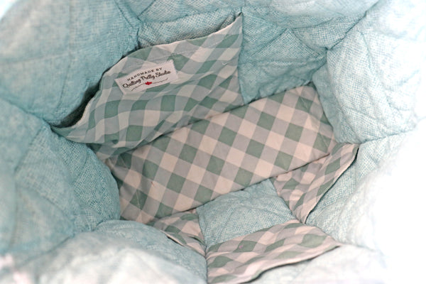 LIght Teal Floral and Check Rag Quilt Tote