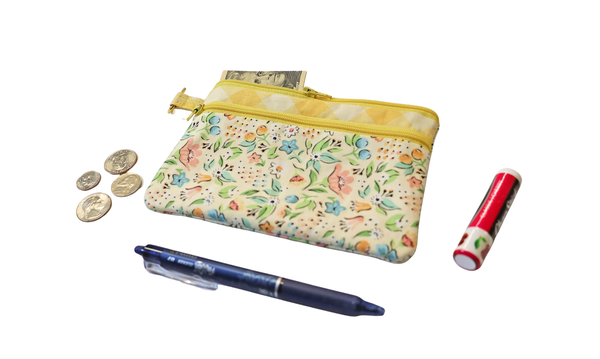 Yellow and Pink Floral Zipper Pouch: Small or Large Bag