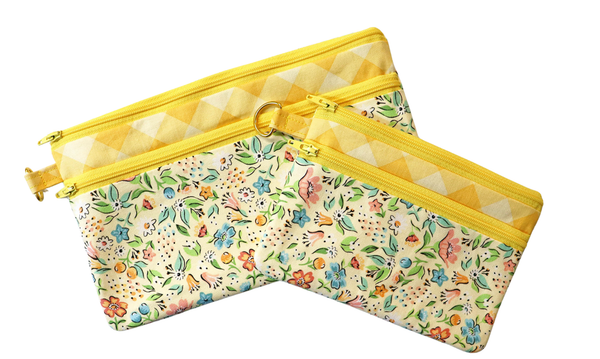Yellow and Pink Floral Zipper Pouch: Small or Large Bag