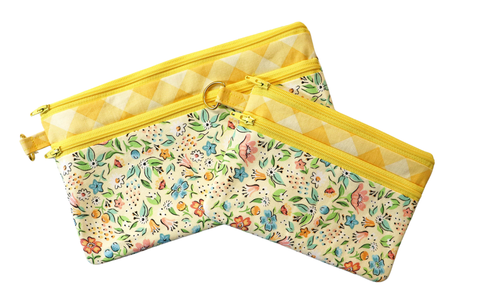 Yellow and Pink Floral Zipper Pouch: Small or Large Bag
