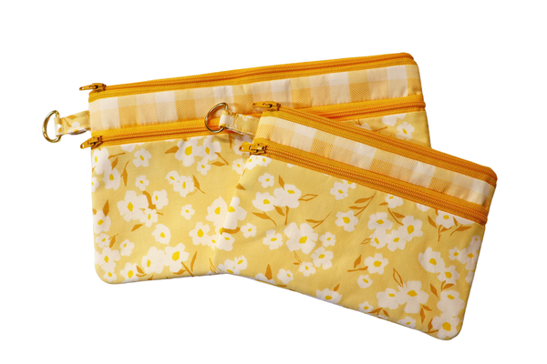 Yellow Floral and Checks Double Zipper Pouch: Small or Large Bag