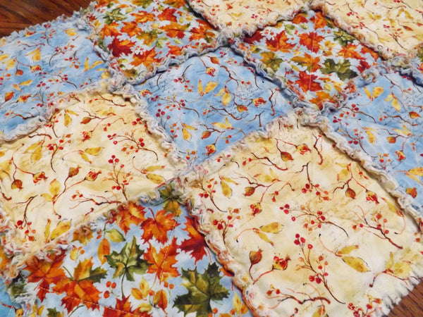 Autumn blue rag quilt table runner 