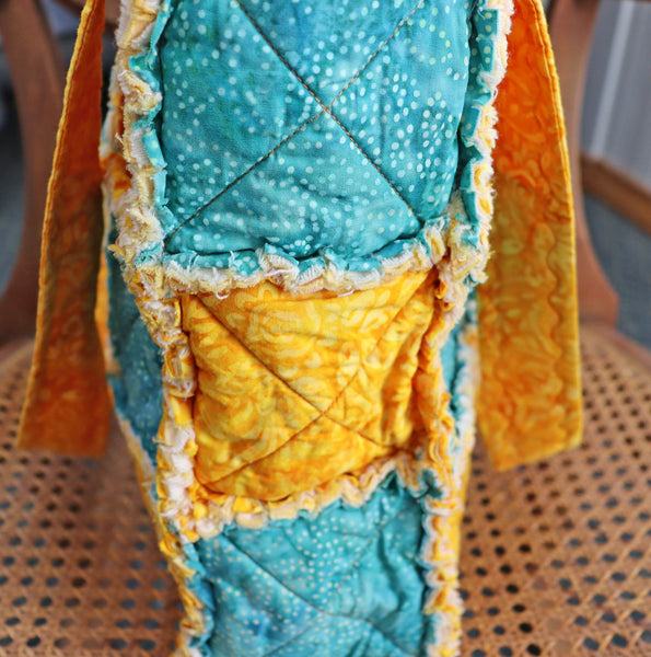 Mustard Yellow and Teal Batik Rag Tote, Fall Colors Tote, Rag Quilt Tote, Tote for Mom, Craft Tote, Tote Bag with Pockets, Rag Quilt Purse