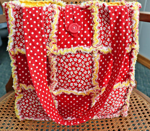 Red Dots and Flowers Rag Tote, Apple Picking Bag, Tote for Fall, Rag Quilt Tote, Tote for Mom, Craft Tote, Tote Bag with Pockets