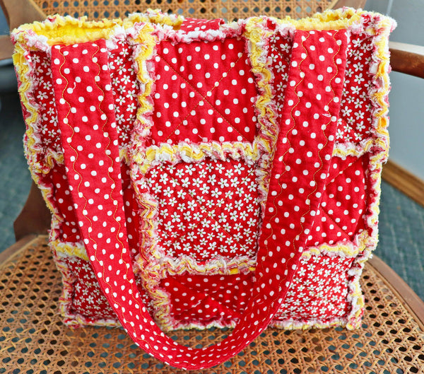 Red Dots and Flowers Rag Tote, Apple Picking Bag, Tote for Fall, Rag Quilt Tote, Tote for Mom, Craft Tote, Tote Bag with Pockets