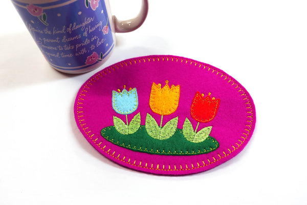 Wool Felt Flower Mug Rug - Pink Tulip Coaster