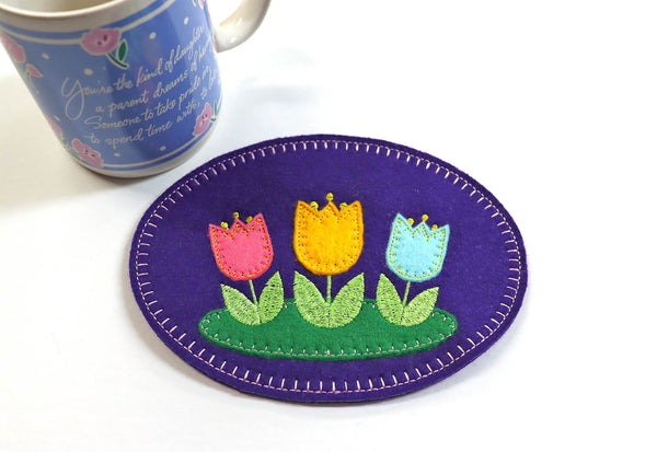 Wool Felt Flower Mug Rug - Purple Tulip Coaster