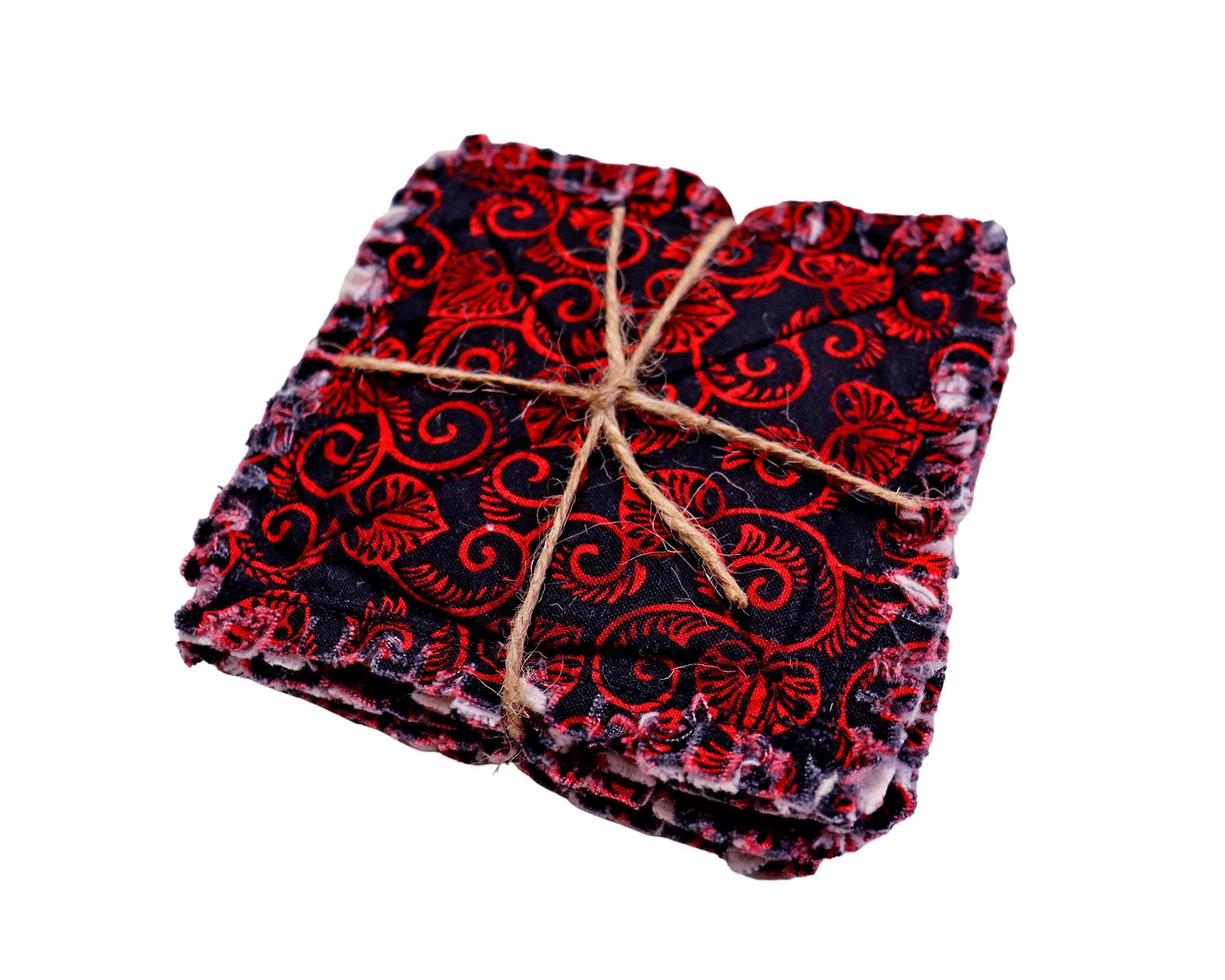 Rag Quilt Coaster Set. Set of 4. Red Hearts on Black Coasters. Candle Mat Add On.