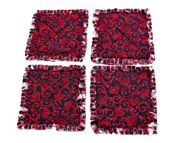 Rag Quilt Coaster Set. Set of 4. Red Hearts on Black Coasters. Candle Mat Add On.