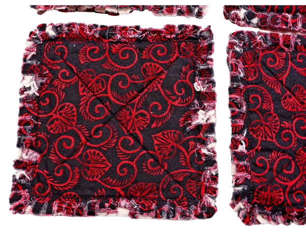 Rag Quilt Coaster Set. Set of 4. Red Hearts on Black Coasters. Candle Mat Add On.