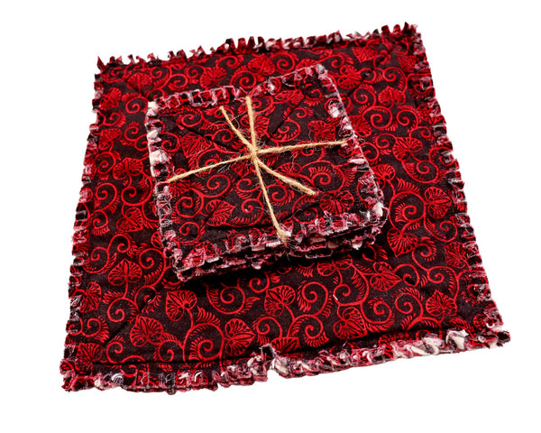 Rag Quilt Coaster Set. Set of 4. Red Hearts on Black Coasters. Candle Mat Add On.