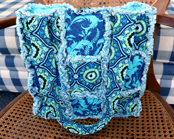 Cyan Blue and Green Floral Rag Tote. Rag Quilt Tote. Flower Bag. Gift for Mom. Craft Tote. Gift for Her. Tote Bag with Pockets.