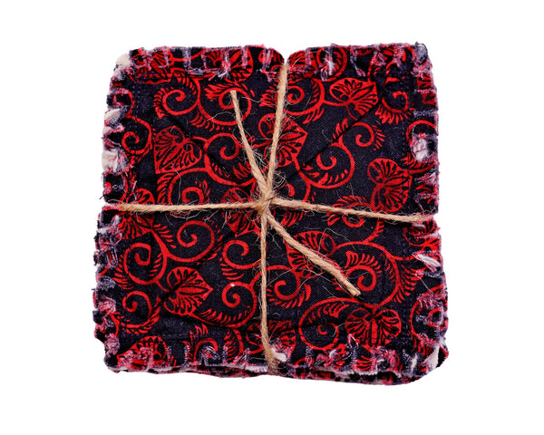 Rag Quilt Coaster Set. Set of 4. Red Hearts on Black Coasters. Candle Mat Add On.