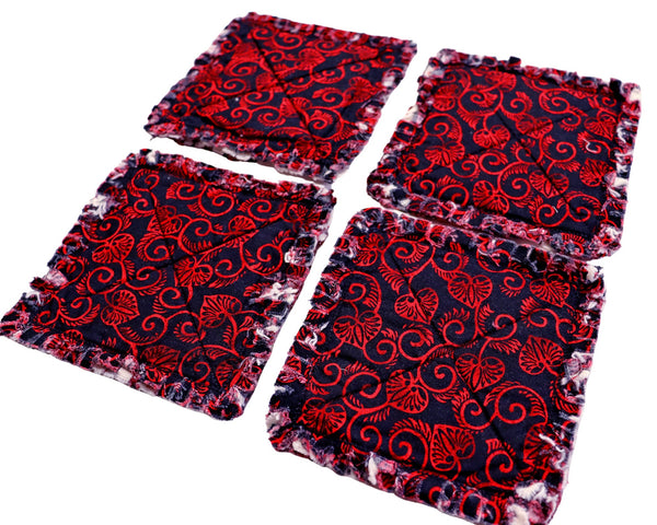 Rag Quilt Coaster Set. Set of 4. Red Hearts on Black Coasters. Candle Mat Add On.