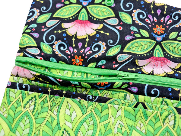 Green and Black  Floral Fabric Wallet. Quilted Wallet. Womens Wallet with Zipper. Gift for Her. Zipper Wallet. Trifold Wallet for Women.