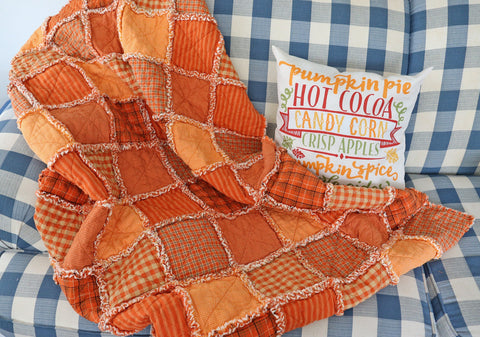 Orange Homespun Lap Quilt. Autumn Orange Plaid Rag Quilt. Farmhouse Throw Blanket. Cabin Rustic Decor. Plaid Quilt for Sale Handmade.