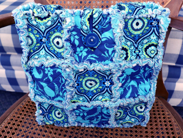 Cyan Blue and Green Floral Rag Tote. Rag Quilt Tote. Flower Bag. Gift for Mom. Craft Tote. Gift for Her. Tote Bag with Pockets.