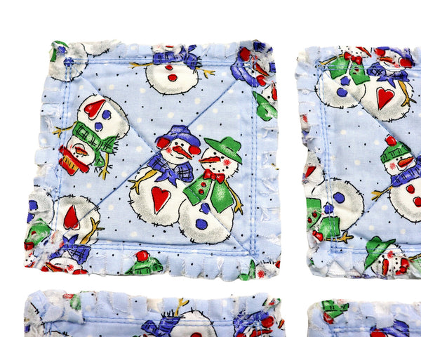 Light Blue Snowman Rag Quilt Coaster Set. Set of 4. Snowmen Candle Mat Add On. Christmas Table Decor. Holiday Living Room Decor.