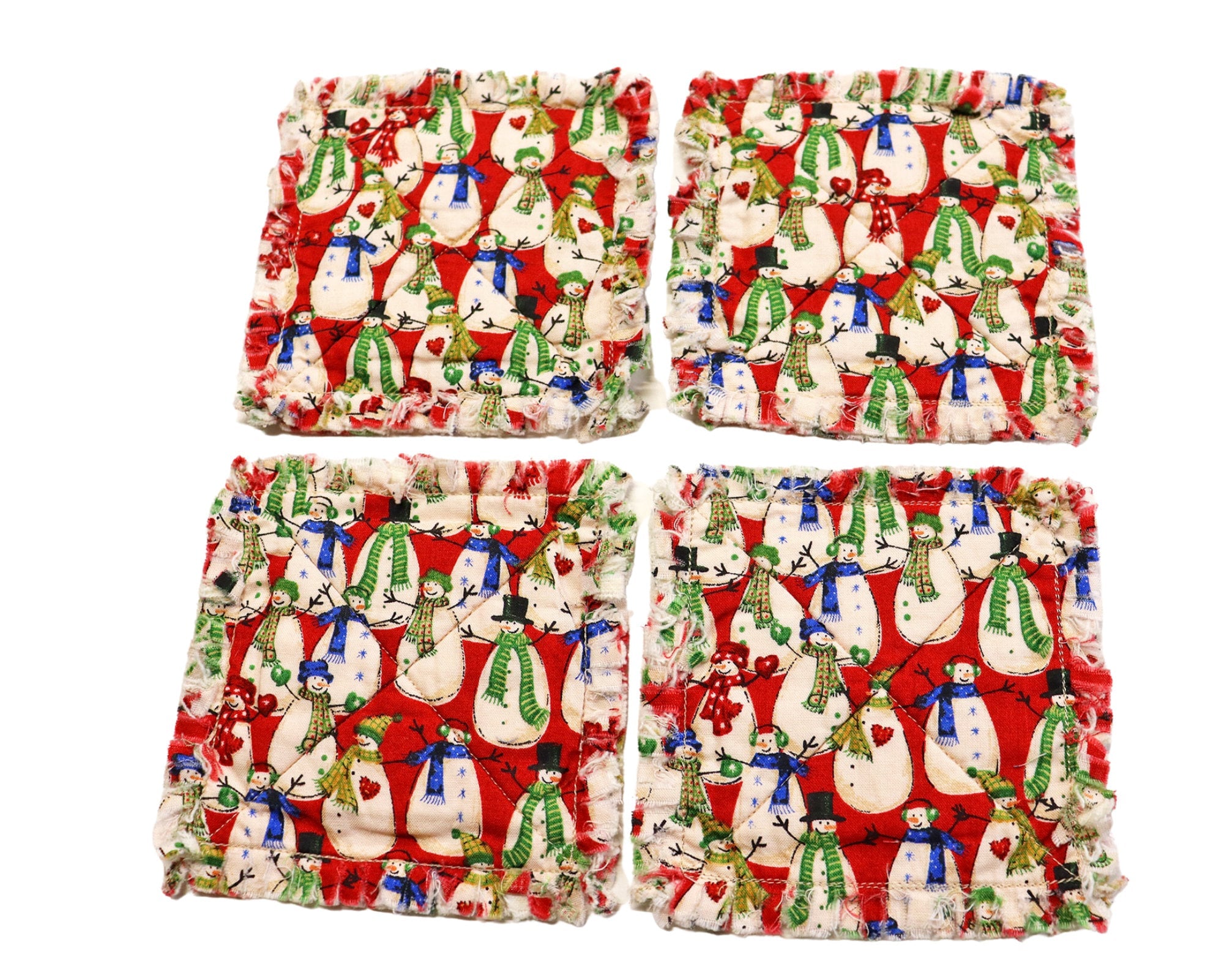 Retro Snowmen Rag Quilt Coaster Set. Set of 4. Retro Snowmen Candle Mat Add On. Christmas Table Decor. Holiday Decor.