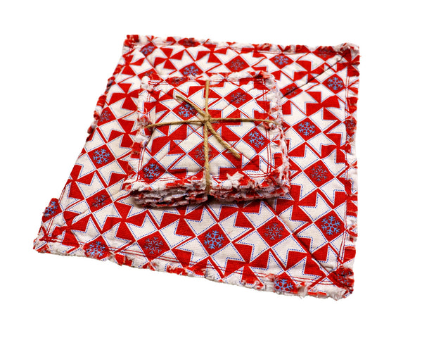 Christmas Red Rag Quilt Coaster Set. Set of 4. Christmas Red Candle Mat Add On. Christmas Table Decor. Holiday Decor.